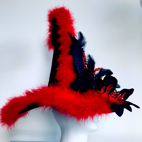 Elf victorian hat Black velvet & ted marabou feather trim Artisan one of - Picture 16 of 16